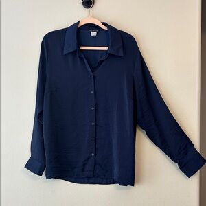 VENUS Deep Blue Long sleeve silky Blouse Size XL